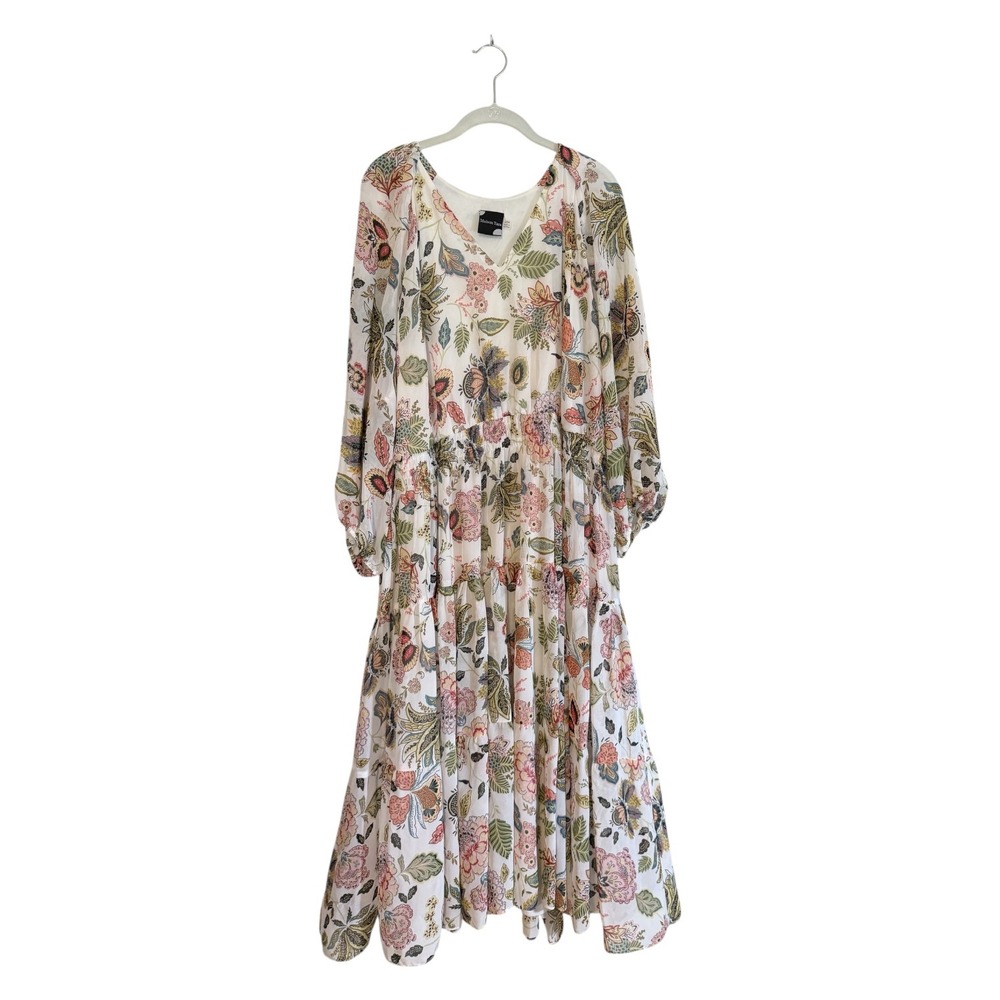 Maison Tara Dress Womens 22W White Floral V-Neck Tiered Maxi Boho 91430 L NEW